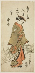 小川の近くを歩く若い女性 作： Ishikawa Toyonobu