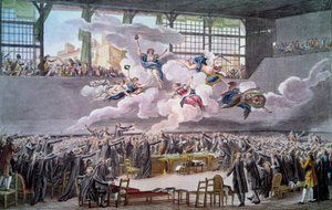 フランス革命。「Le oath du jeu de Paume le 20 juin 1789」 憲法が改正されるまで分離しないことを宣誓する代議士たち。イシドール・ヘルマン（1743-1809）によるエングレーヴィング 1789年 パリ、B.N.