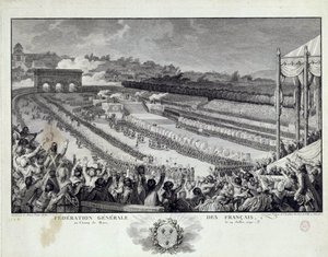 フランス革命：1791年7月14日、パリのシャン・ド・マルスで行われたフランス部族総連合会の祝祭の様子。イシドール・ヘルマン（1743-1809）によるイラスト 18世紀 パリ、カルナヴァレ美術館 作： Isidore Stanislas Helman