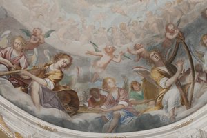 天使、ミュージシャンの天使とプット、永遠の父との楽園の詳細、1623-34年（3496185の詳細） 作： Isidoro Bianchi