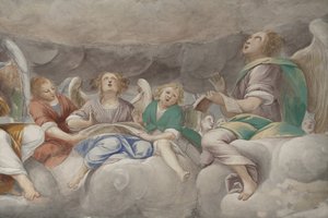 天使、ミュージシャンの天使とプット、永遠の父との楽園の詳細、1623-34年（3496185の詳細） 作： Isidoro Bianchi