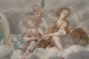 天使、ミュージシャンの天使とプット、永遠の父との楽園の詳細、1623-34年（3496185の詳細） 作： Isidoro Bianchi