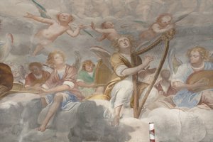 天使、ミュージシャンの天使とプット、永遠の父との楽園の詳細、1623-34年（3496185の詳細） 作： Isidoro Bianchi