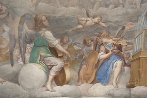 天使、ミュージシャンの天使とプット、永遠の父との楽園の詳細、1623-34年（3496185の詳細） 作： Isidoro Bianchi