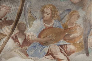 天使、ミュージシャンの天使とプット、永遠の父との楽園の詳細、1623-34年（3496185の詳細） 作： Isidoro Bianchi