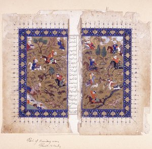 15世紀後半の狩猟シーンを描いたビフォリオ 作： Islamic School