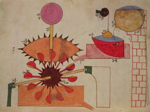 Al-Djazariによる独創的な機械装置の知識の書、1206年から、流域に水を汲み上げるシステムの図