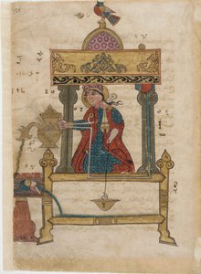 フラッシュメカニズム付き手洗いオートマトン、The Book of Ingenious Mechanical Devicesのフォリオ。 Al-Djazari、1315（紙に不透明なトイレ、インク、金） 作： Islamic School