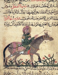 馬と騎手、アーメド・イブン・アル＝フセイン・イブン・アル＝アーナフによる「Book of Farriery」のイラスト、1210 作： Islamic School