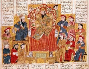イスラム美術。"A Sultan and His Court" フェルダウシ（Firdawsi, or Ferdawsi, or Firdousi, ca 940-around 1020）による叙事詩「シャーナメ」（Shah Nama, Shahnama）（王の書）の写本からのペルシア語細密画 1330年頃 イスタンブール、トプカプ博物館 作： Islamic School