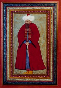 イスラム美術。オスマン帝国のスルタン、メフメト（またはメフメド、モハメッド）・セレビー1世（1389-1421）の肖像。1550年頃のサムネイル。パリ、ルーヴル美術館