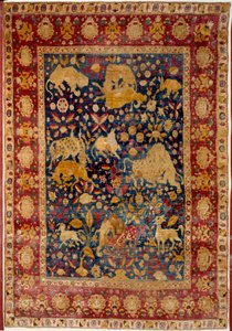 イスラム美術。動物の装飾が施されたシルクラグ「ペイテル」。カシャーンで製作されたもの。16世紀 パリ、ルーヴル美術館