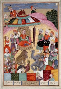 イスラム美術。"王の天幕の前のソフラーブ（サハラブ）" フェルダウシ（Ferdawsi, or Ferdawsi, or Firdousi, ca. 940-around 1020）の叙事詩「シャーナメ」（Shah Nama, Shahnama）（王の書）の写本からのペルシャの細密画（ms.607） Chantil