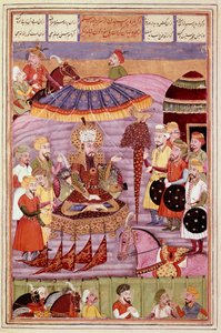 イスラム美術。「ロスタメの天幕を見るソフラーブ」 ペルシャの細密画 フェルダウシ（Ferdawsi, or Ferdawsi, or Firdousi, ca. 940-around 1020）の叙事詩「シャーナメ」（Shah Nama, Shahnama）（王の書）の写本（ms. 607） 聖歌