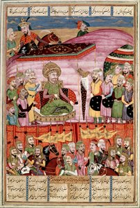 イスラム美術。"Sohrab (Saharab) stands at the tent of Roustam" フェルダウシ（Ferdawsi, or Ferdawsi, or Firdousi, ca. 940-around 1020）の叙事詩「シャーナメ」（Shah Nama, Shahnama）（王の書）の写本からのペルシャ細密画（ms.607） Lly, 作： Islamic School