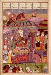 イスラム美術。"Sohrab looks at the red tent of Rostame, his father" フェルダウシ（Ferdawsi, or Ferdawsi, or Firdousi, ca 940-around 1020）の叙事詩「シャーナメ」（Shah Nama, Shahnama）（王の書）の写本からのペルシャ語ミニアチュール（ms. 607）。