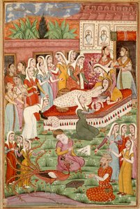 イスラム美術。"The Birth by Cesarian of Roustam" フェルダウシ（Ferdawsi, or Ferdawsi, or Firdousi, ca. 940-around 1020）の叙事詩「シャーナメ」（Shah Nama, Shahnama）（王の書）の写本からのペルシャ細密画（ms. 607） Chantilly, Musee C. 作： Islamic School