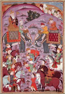 イスラム美術。「ルスタムとアイウル・サムの最初の出会い」 フェルダウシ（Ferdawsi, or Ferdawsi, or Firdousi, ca 940-around 1020）の叙事詩「シャーナメ」（Shah Nama, Shahnama）（王の書）の写本からのペルシャ語細密画（ms. 607） 聖歌 作： Islamic School