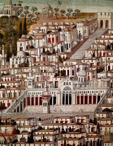 イスラム美術。ダマスカスのウマイヤーズ（705〜715年）の大モスクのあるダマスカスの風景。17世紀の匿名のシリアの絵画。シリア、ダマスカス、アゼム宮殿またはアズム。