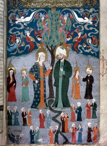 イスラム表現のアダムとイブのミニチュア 歴史学者セイイド・ロクマン・アシュリの写本「Zubdat al Tawarikh」（物語のクリーム）1538年から。トルコ・イスラム美術博物館イスタンブール 作： Islamic School
