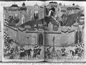 Suppl Persan 1113 f.180-181フラグカーンの指揮下にあるモンゴル人が1258年にバグダッドを襲撃し、捕獲しました。