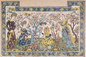 イランイスファハン（セラミックタイル）のペルシャ語、シャーアッバスII（1642-66）によって建てられたThelhel Sutunまたは40列のパビリオンの庭園でリラックスした人物の壁画パネル 作： Islamic School