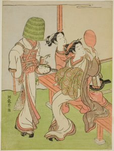 鏡を使って托鉢僧を識別する娼婦と付き添い 作： Isoda Koryusai