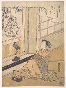 部屋に座り福禄寿の掛物を見る若い女性 作： Is田流彩