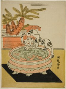 金魚を撫でる猫 作： Isoda Koryusai