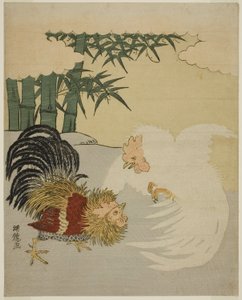 竹林の近くで闘鶏