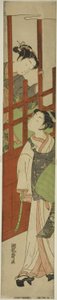 花魁が托鉢僧に扮した青年を見下す 作： Isoda Koryusai