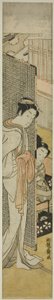 画面の後ろに立つ娼婦とタバコを吸う若者 作： Isoda Koryusai