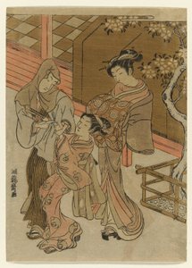 彼女のアテンダントがフード付きの男を拘束するのを見ている娼婦 作： Isoda Koryusai