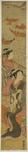 川を見下ろすバルコニーでの娼婦と付き添い 作： Isoda Koryusai