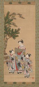 元旦の娼婦と 2 人の付き添い。 1780年代。 作： Isoda Koryusai