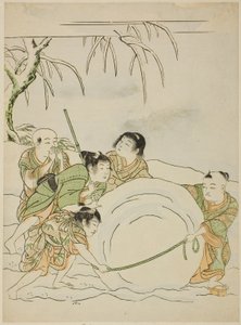大きな雪玉を転がす5人の少年 作： Isoda Koryusai
