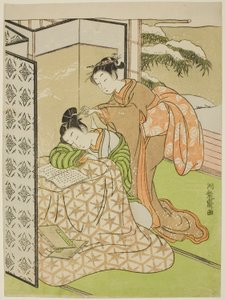 昼寝中の青年にイタズラをする少女 作： Isoda Koryusai
