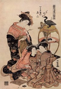 着物姿でお茶を飲む花魁 作： Isoda Koryusai