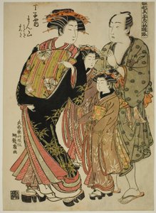 シリーズ「ファッションのモデル：新鮮な若い葉のような新鮮なデザイン」（hinagata wakana no hatsu moyo）からのチョジヤのマンザン」 作： Isoda Koryusai