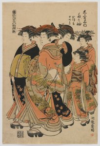 ファッションのモデル：若葉としての新しいデザイン：桂、トメキ、およびアテンダントと大門寺の遊女タガソデ、江戸時代、1778〜80年（色木版画） 作： Isoda Koryusai