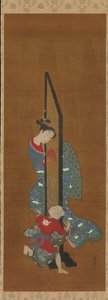 母と子の遊び、18世紀。 作： Isoda Koryusai