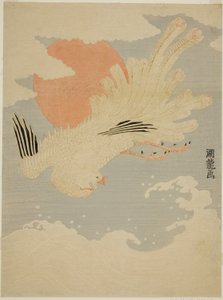 朝日の前で波の上を飛ぶ鳳凰 作： Isoda Koryusai