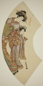 「扇の東」シリーズの扇屋の花魁とその付添人 作： Isoda Koryusai