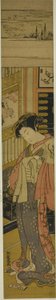 床のラブレターを見下ろす長治屋の花魁薫 作： Isoda Koryusai