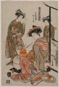 茶道を行う山城屋の遊女唐浜…、1770年代後半。 作： Isoda Koryusai