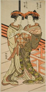 手紙を持った長治屋の花魁雛鶴と唐唄 作： Isoda Koryusai