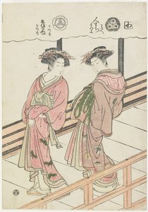 ベランダでの2つの遊女、1777年（色木版画） 作： Isoda Koryusai