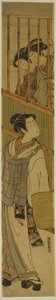 虚無僧に扮した青年を見つめる二人の若い女性 作： Isoda Koryusai
