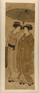 傘の下を歩く 2 人の若い女性 作： Isoda Koryusai