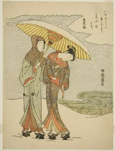 雪の中で傘の下で若いカップル 作： Isoda Koryusai
